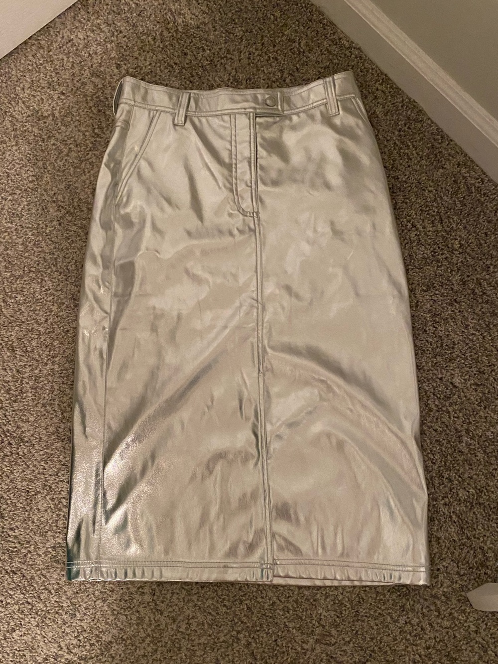 Silver Midi Pencil Skirt - Women's Metallic Straight Skirt Size 6 NWT